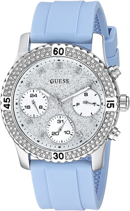 Guess Confetti Crystal Silver Dial Blue Rubber Strap Watch For Women - W1098L3 Buy Now By Guess