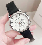 Emporio Armani Classic Quartz Chronograph White Dial Black Leather Strap Watch For Men - AR1807 Buy Now By Emporio Armani