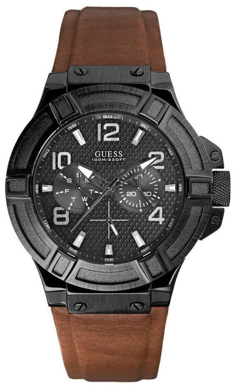 Guess Rigor Analog Black Dial Brown Leather Strap Watch For Men - W0040G8 Buy Now By Guess