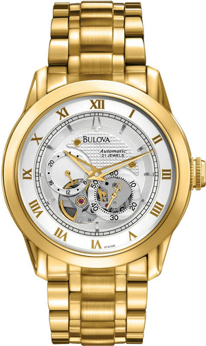 Bulova BVA Skeleton Silver Dial Gold Steel Strap Watch for Men - 97A108 Buy Now By Bulova
