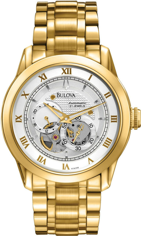 Bulova BVA Skeleton Silver Dial Gold Steel Strap Watch for Men - 97A108 Buy Now By Bulova