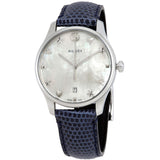 Gucci G-Timeless Signature Mother of Pearl Silver Dial Blue Leather Strap Watch For Women - YA1264049 Buy Now By Gucci