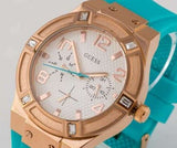 Guess Jet Setter White Dial Turquoise Silicone Strap Watch For Women - W0564L3 Buy Now By Guess