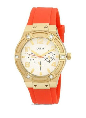 Guess Jet Setter Golden Dial Orange Rubber Watch For Women - W0564L2 Buy Now By Guess
