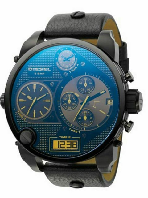 Diesel Big Daddy Blue Dial Black Leather Strap Watch For Men - DZ7127 Buy Now By Diesel