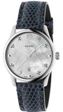 Gucci G-Timeless Signature Mother of Pearl Silver Dial Blue Leather Strap Watch For Women - YA1264049 Buy Now By Gucci