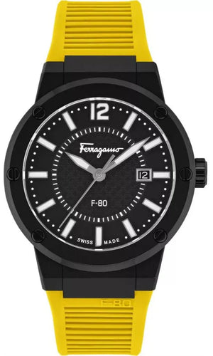 Salvatore Ferragamo F-80 Classic Black Dial Yellow Rubber Strap Watch for Men - SFHY01522 Buy Now By Salvatore Ferragamo