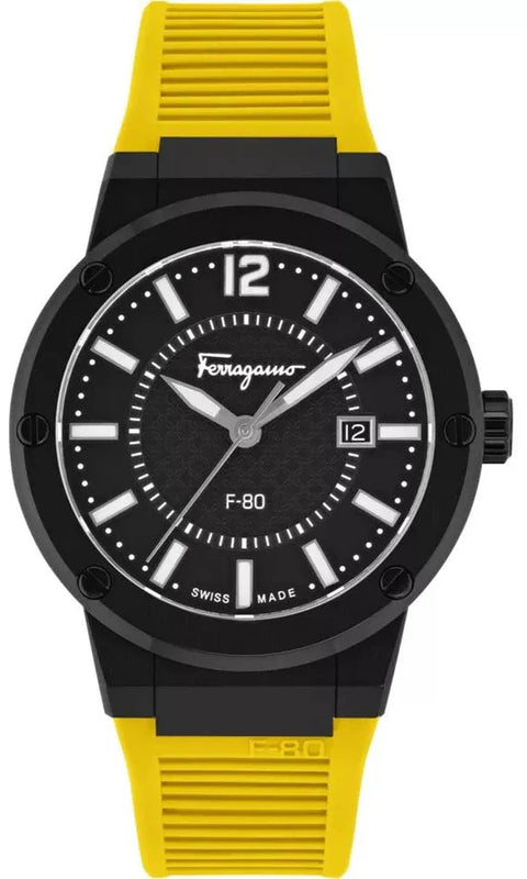 Salvatore Ferragamo F-80 Classic Black Dial Yellow Rubber Strap Watch for Men - SFHY01522 Buy Now By Salvatore Ferragamo