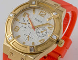 Guess Jet Setter Golden Dial Orange Rubber Watch For Women - W0564L2 Buy Now By Guess