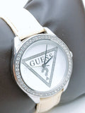 Guess Mini Triangle Quartz Diamonds Silver Dial White Leather Strap Watch For Women - W65006L1 Buy Now By Guess