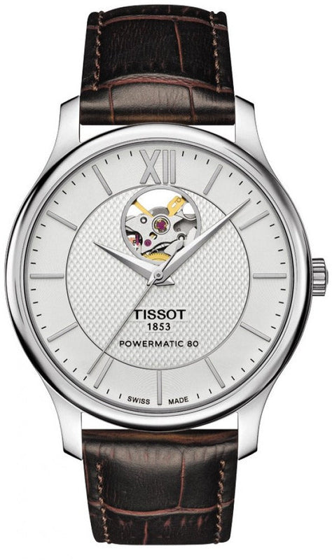 Tissot T Classic Tradition Powermatic 80 Open Heart Silver Dial Brown Leather Strap Watch for Men - T063.907.16.038.00 Buy Now By Tissot