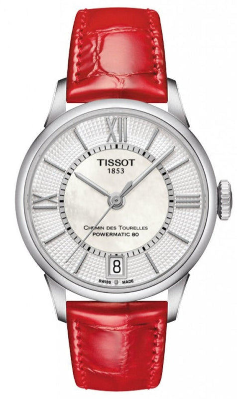 Tissot Chemin Des Tourelles Powermatic 80 Mother of Pearl White Dial Red Leather Strap Watch For Women - T099.207.16.118.00 Buy Now By Tissot
