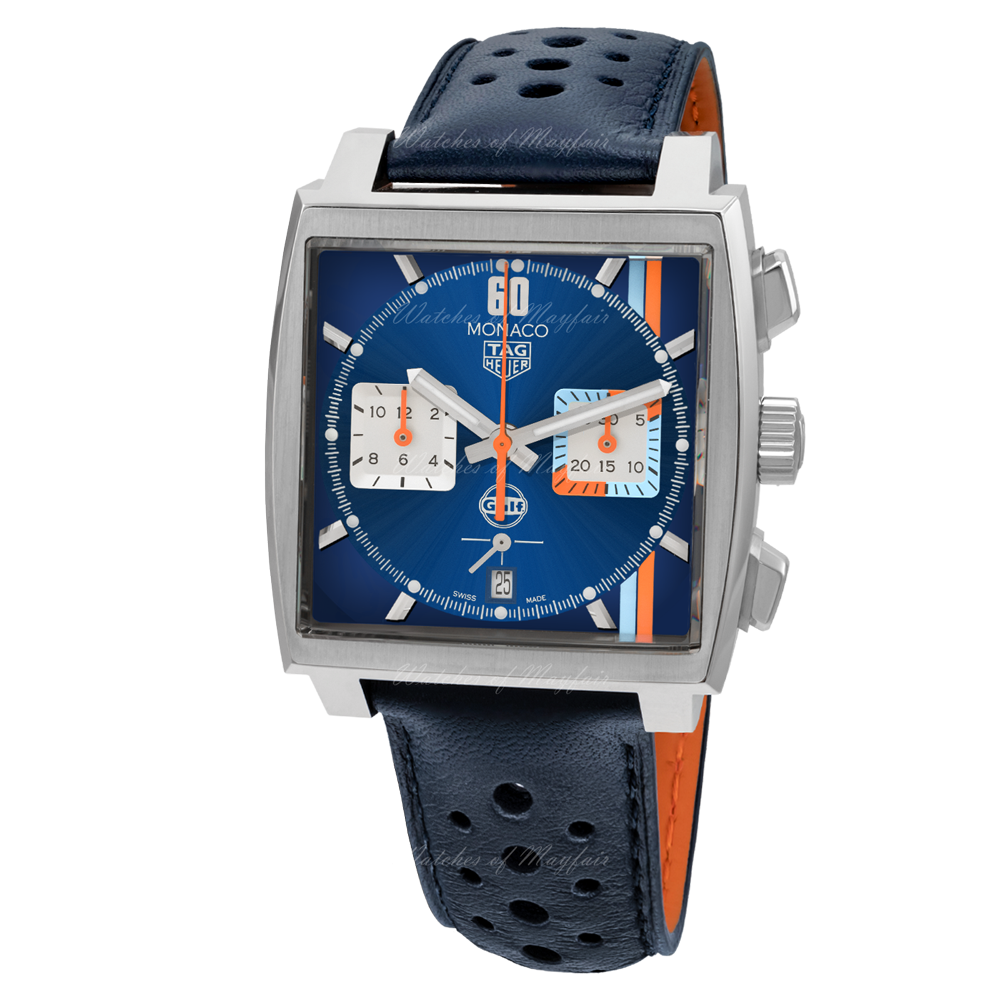Tag Heuer Monaco Gulf Automatic Chronograph Blue Dial Blue Leather Strap Watch for Men - CBL2115.FC6494 Buy Now By Tag Heuer