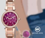 Michael Kors Mini Parker Multi-Function Plum Mother of Pearl Dial Rose Gold Steel Strap Watch For Women - MK6403 Buy Now By Michael Kors