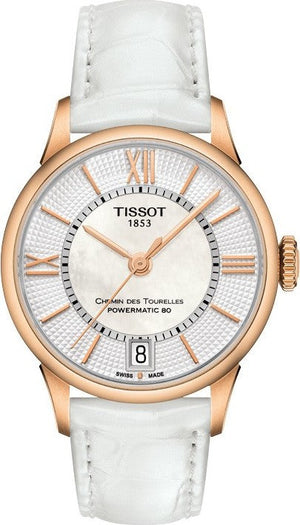 Tissot Chemin Des Tourelles Powermatic 80 Lady Silver Dial White Leather Strap Watch For Women - T099.207.36.118.00 Buy Now By Tissot