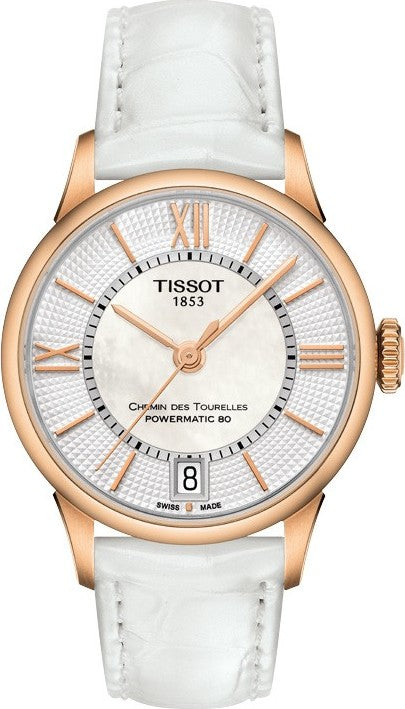 Tissot Chemin Des Tourelles Powermatic 80 Lady Silver Dial White Leather Strap Watch For Women - T099.207.36.118.00 Buy Now By Tissot