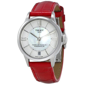 Tissot Chemin Des Tourelles Powermatic 80 Mother of Pearl White Dial Red Leather Strap Watch For Women - T099.207.16.118.00 Buy Now By Tissot