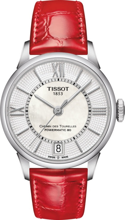 Tissot Chemin Des Tourelles Automatic Mother of Pearl White Dial Red Leather Strap Watch For Women - T099.207.16.118.00 Buy Now By Tissot