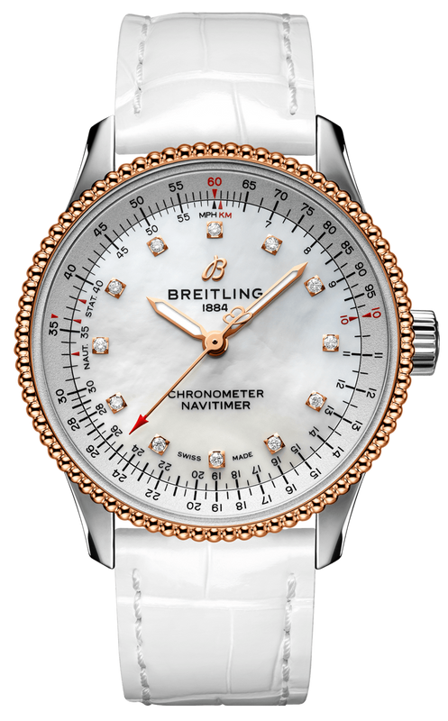 Breitling Navitimer Automatic 35 Mother of Pearl Dial White Leather Strap Watch for Women - U17395211A1P3 Buy Now By Breitling
