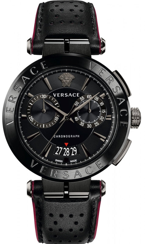 Versace V-Racer Aion Chronograph Black Dial Black Leather Strap Watch for Men - VBR030017 Buy Now By Versace