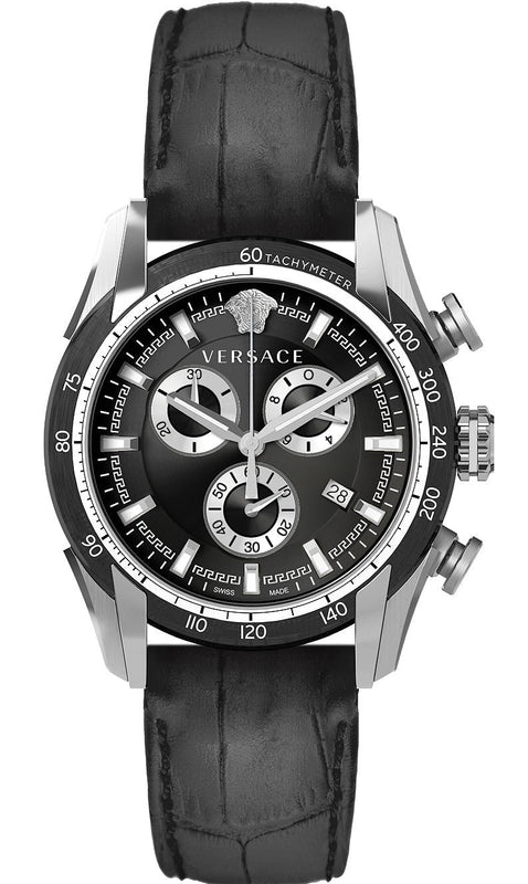 Versace V Ray Chronograph Quartz Black Dial Black Leather Strap Watch For Men - VE2I00121 Buy Now By Versace