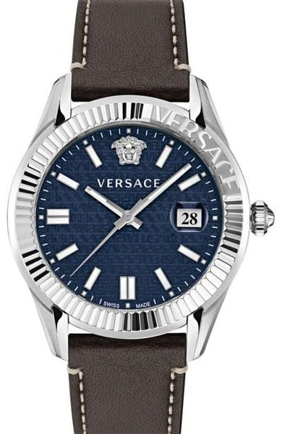 Versace Greca Time Quartz Blue Dial Brown Leather Strap Watch For Men - VE3K00122 Buy Now By Versace