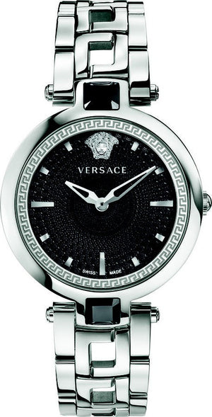 Versace Crystal Gleam Guilloche Black Dial Silver Steel Strap Watch for Women - VAN030016 Buy Now By Versace