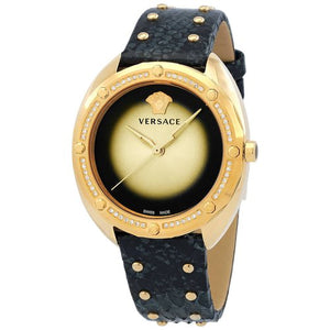 Versace Shadov Quartz Gold Dial Black Leather Strap Watch for Women - VEBM01118 Buy Now By Versace