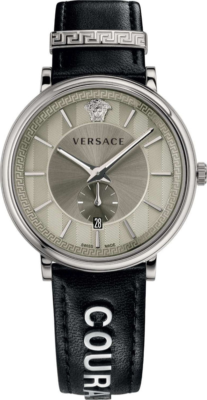 Versace V-Circle Black Manifesto Courage Quartz Silver Dial Black Leather Strap Watch for Men - VBQ080017 Buy Now By Versace