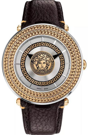 Versace V Metal Icon Quartz Silver Dial Brown Leather Strap Watch For Men - VQL010015 Buy Now By Versace