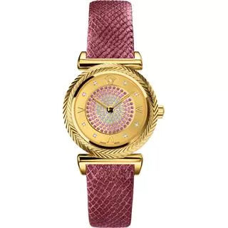 Versace V-Motif Vintage Logo Diamonds Gold Dial Pink Leather Strap Watch for Women - VERE01118 Buy Now By Versace