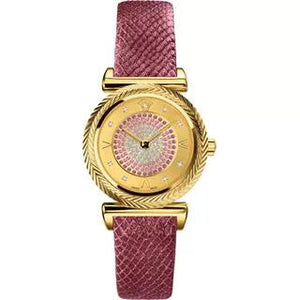 Versace V-Motif Vintage Logo Diamonds Gold Dial Pink Leather Strap Watch for Women - VERE01118 Buy Now By Versace