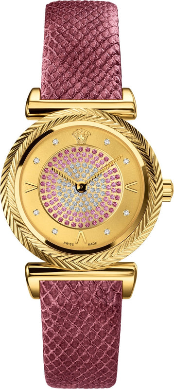 Versace V-Motif Vintage Logo Diamonds Gold Dial Pink Leather Strap Watch for Women - VERE01118 Buy Now By Versace