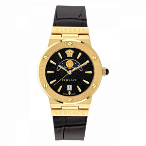 Versace Greca Moonphase Analog Black Dial Black Leather Strap Watch For Men - VE7G00123 Buy Now By Versace