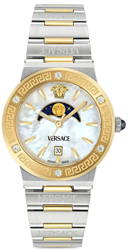 Versace Greca Logo Moonphase Mother of Pearl Dial Two Tone Steel Strap Watch for Women - VE7G00524 Buy Now By Versace