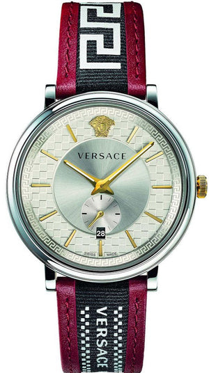 Versace V Circle Silver Dial Two Tone Leather Strap Watch for Men - VEBQ01319 Buy Now By Versace