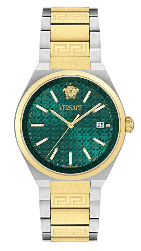 Versace V-Auria Quartz Green Dial Two Tone Steel Strap Watch for Men - VE0F00425 Buy Now By Versace