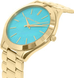 Michael Kors Slim Runway Blue Mother of Pearl Dial Gold Steel Strap Watch for Women - MK3492 Buy Now By Michael Kors