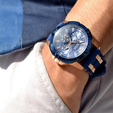 Guess Oasis Blue Dial Blue & Rose Gold Stainless Steel Strap Watch For Men - W0366G4 Buy Now By Guess