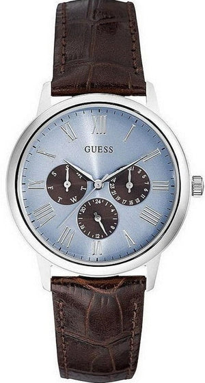 Guess Wafer Analog Blue Dial Brown Leather Strap Watch For Men - W0496G2 Buy Now By Guess