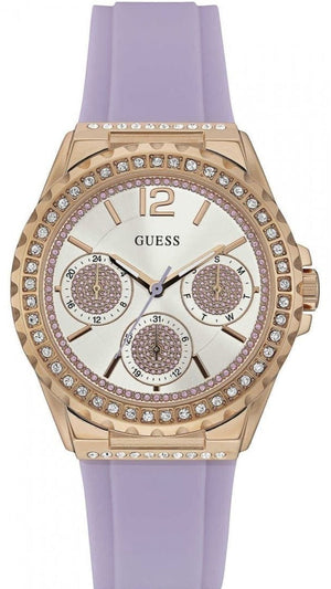 Guess Starlight Diamonds White Dial Purple Rubber Strap Watch for Women - W0846L6 Buy Now By Guess