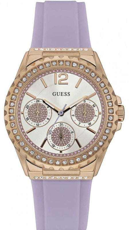 Guess Starlight Diamonds White Dial Purple Rubber Strap Watch for Women - W0846L6 Buy Now By Guess