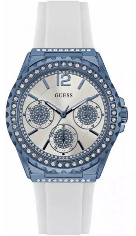 Guess Starlight Diamonds Silver Dial White Rubber Strap Watch for Women - W0846L7 Buy Now By Guess