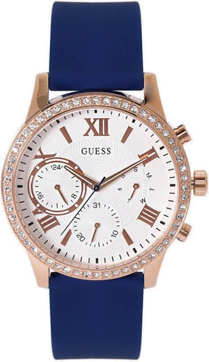 Guess Solar White Rose Gold Dial Blue Rubber Strap Watch For Women - W1135L3 Buy Now By Guess