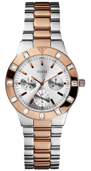 Guess Glisten Chronograph Analog Silver Dial Two Tone Steel Strap Watch For Women - W14551L1 Buy Now By Guess