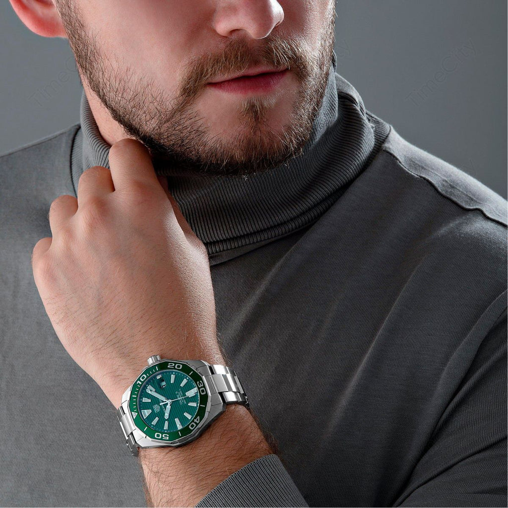 Tag Heuer Aquaracer Calibre 5 Green Dial Silver Steel Strap Watch for Men - WAY201S.BA0927 Buy Now By Tag Heuer