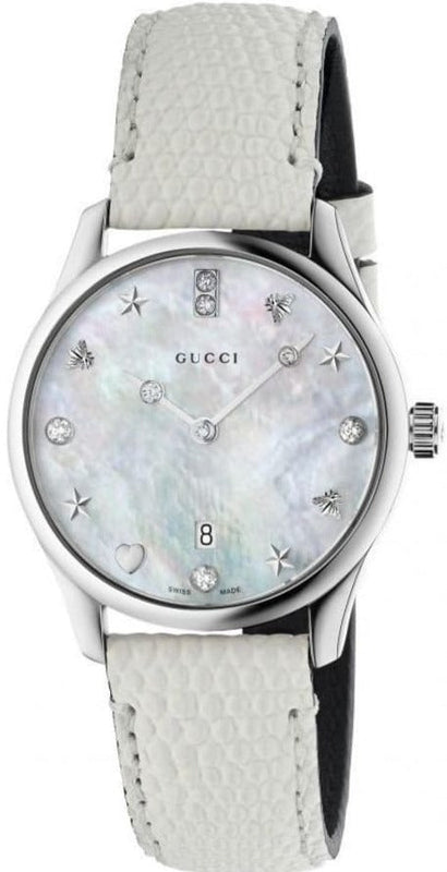 Gucci G-Timeless Mother of Pearl White Dial White Leather Strap Watch For Women - YA126597 Buy Now By Gucci