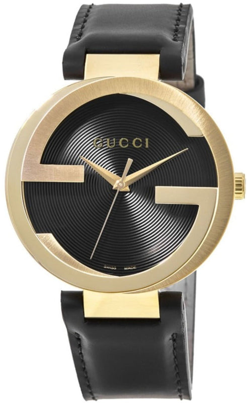 Gucci Interlocking G Gold Black Dial Black Leather Strap Unisex Watch - YA133326 Buy Now By Gucci