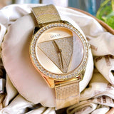 Guess Tri Glitz Quartz Diamonds Gold Dial Gold Mesh Bracelet Watch For Women - W1142L2 Buy Now By Guess