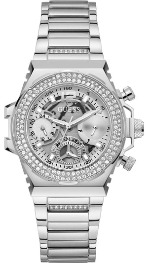Guess Fusion Chronograph Crystals Silver Dial Silver Steel Strap Watch For Women - GW0552L1 Buy Now By Guess